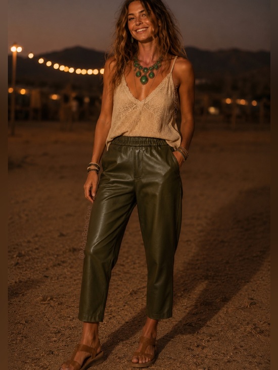 a new day Pants - Hunter Green Vegan Leather Pull On Tapered Ankle Pants